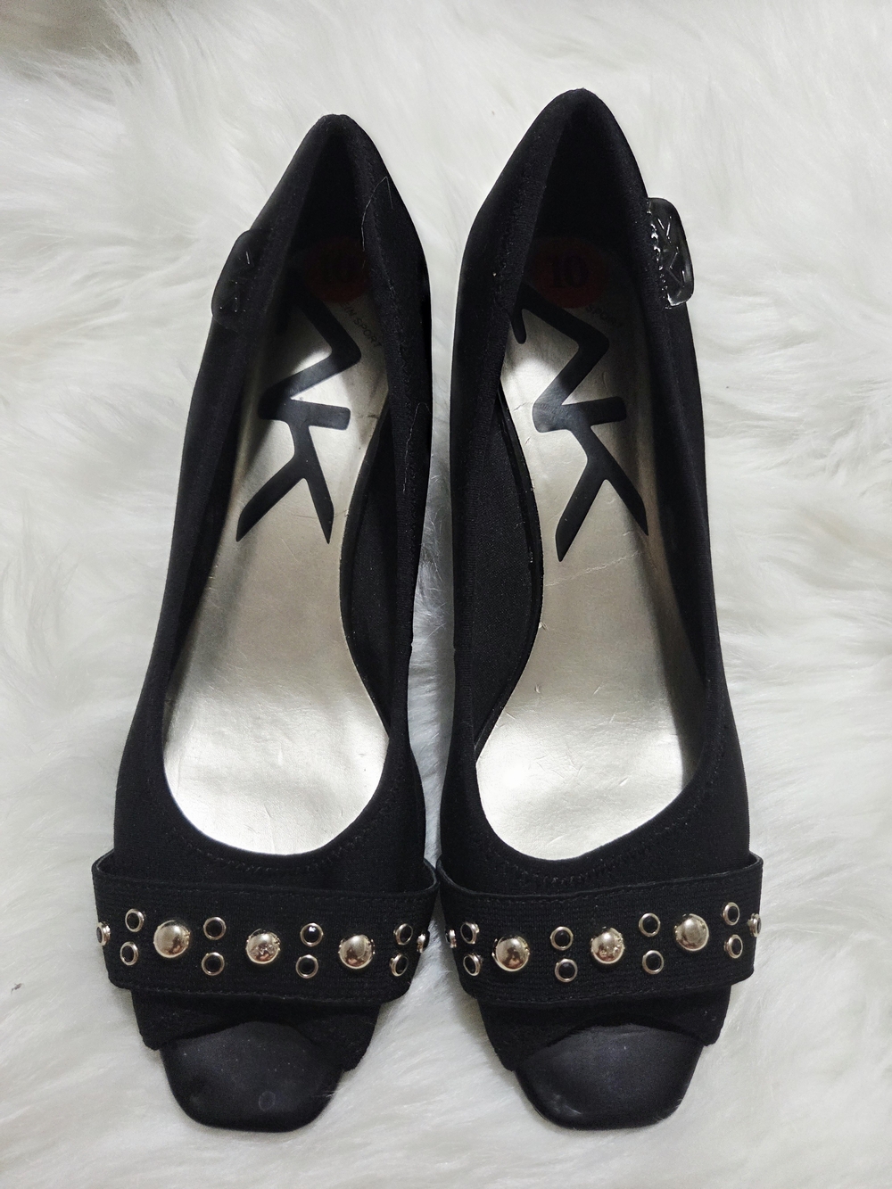 Anne Klein Black Studded Peep-Toe Wedges